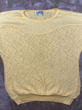 Vintage Peppermint Pale Yellow Openwork Knit Short Sleeve Top